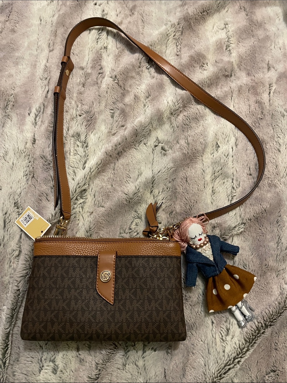 Michael Kors Charm Brown and Tan MK Logo Crossbody Bag